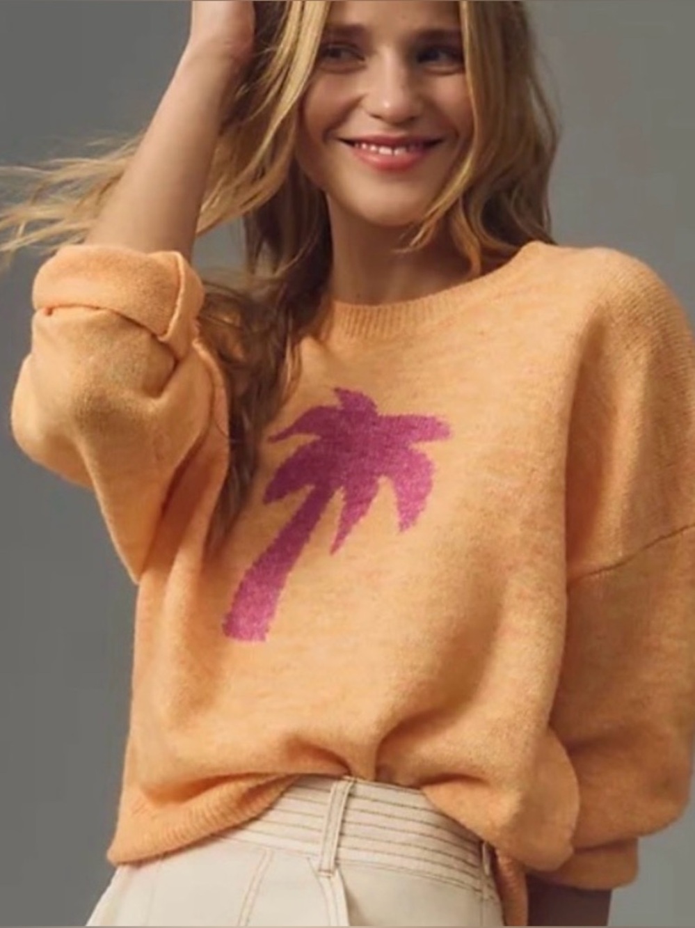 Anthropologie Sundry Peachy Pink Palm Tree Summer Sweater 🌴🧡